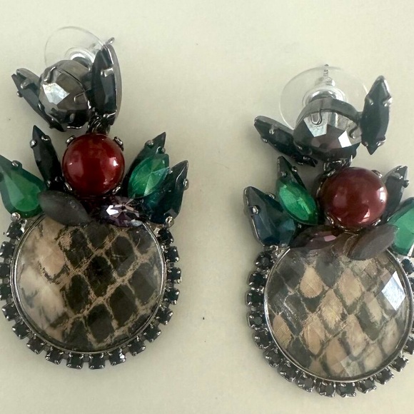 VICKY SARGE Maroon, Green, and Grey Gem and Snakeskin Earrings - Picture 2 of 11